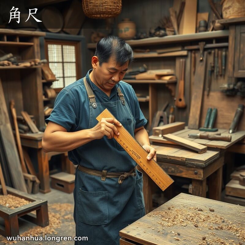 一位武汉木匠在工作坊中使用角尺测量木材，背景是旧木家具和手工工具