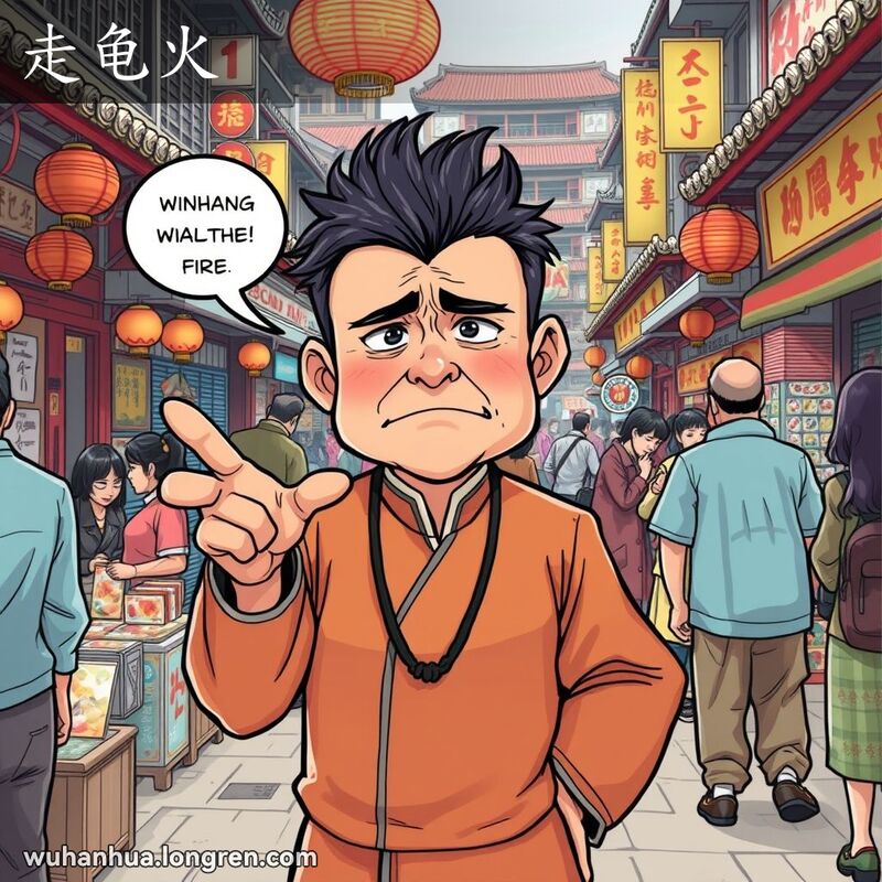 一位穿着传统武汉服饰的人在市场中，表情沮丧，愤怒地指向一个运气好的人，背景是武汉老街景