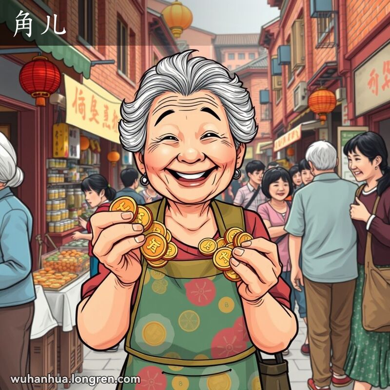 一位武汉老奶奶在街市上手持铜角子，脸上露出灿烂的笑容，背景是热闹的武汉老街市
