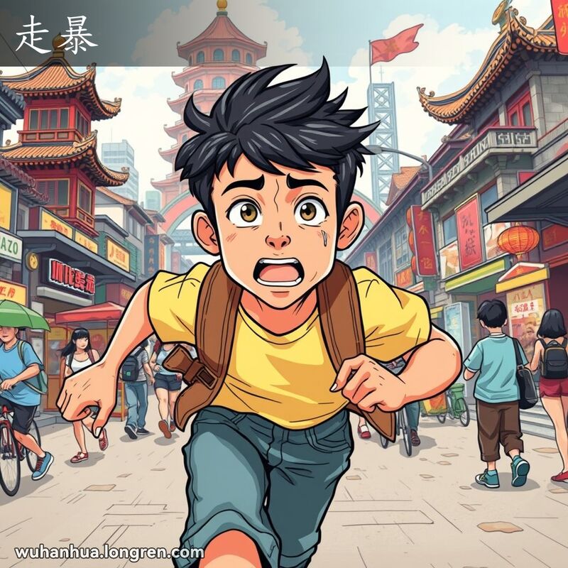 一位年轻人在武汉街道上急匆匆奔跑，背景有黄鹤楼和长江大桥