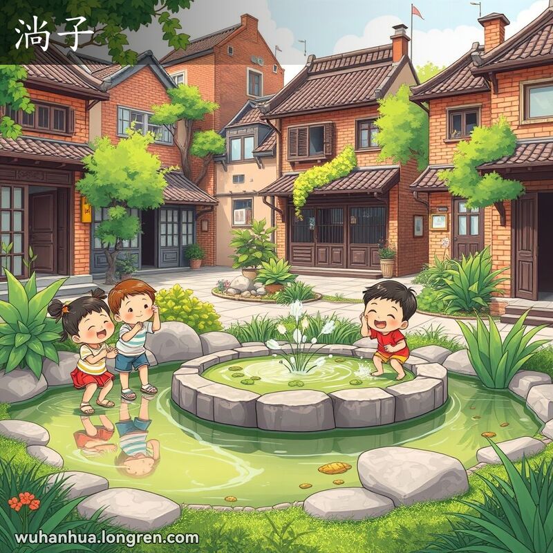 武汉社区的小水塘，孩子们在嬉戏玩耍，背景是传统的武汉建筑。
