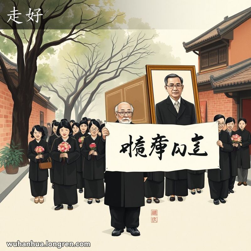 一位武汉老人在葬礼队伍前方，手持白色横幅，表情肃穆，背景是传统武汉街景