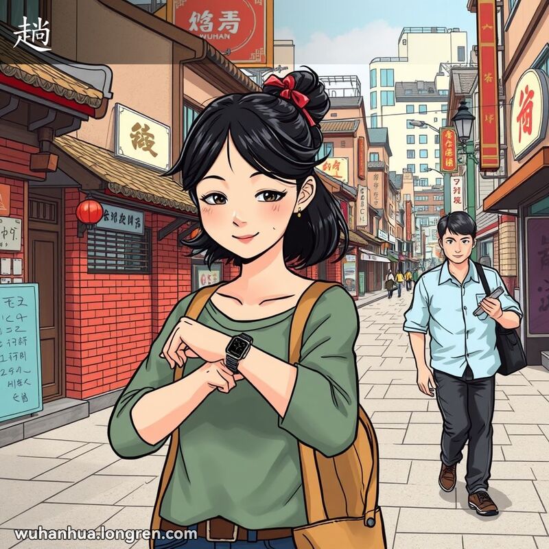 一位年轻女子在武汉街头等待，背景是传统与现代建筑的结合，男子快步走向她，表现出“趟”的含义。