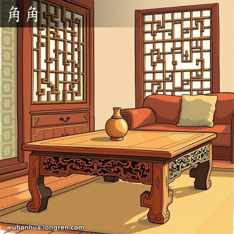 中式客厅中的木桌，桌角展示精湛接合工艺，背景有格子窗和古色古香的花瓶