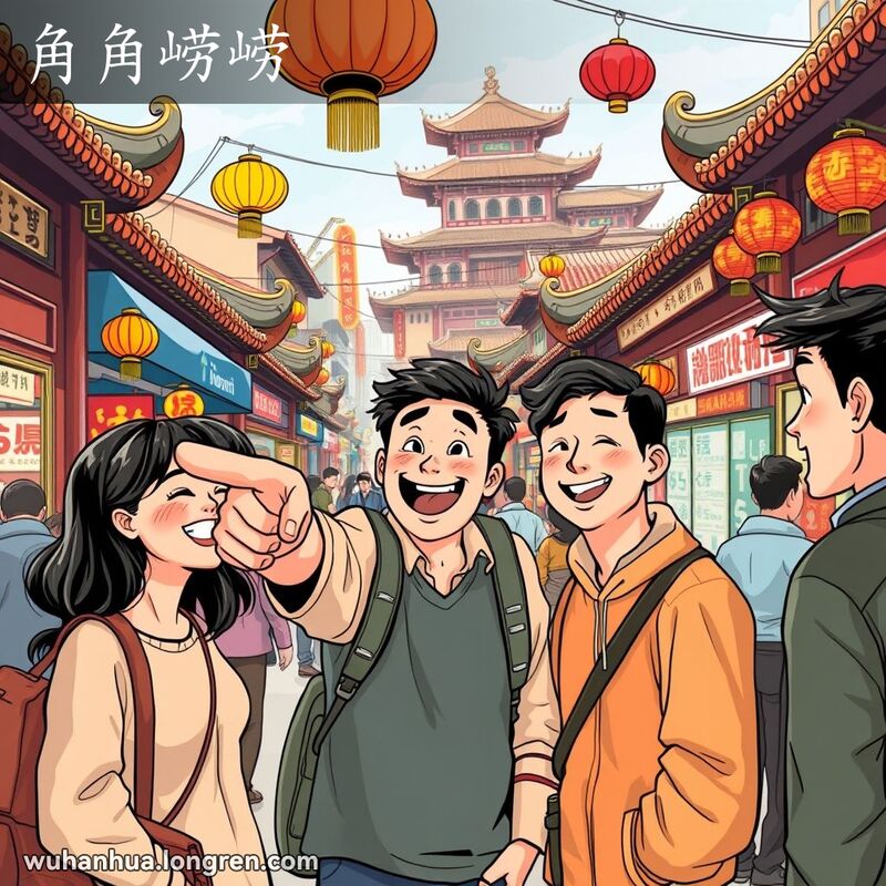 一群朋友在武汉市场中，一位朋友用手指向远处，背景是热闹的市场场景