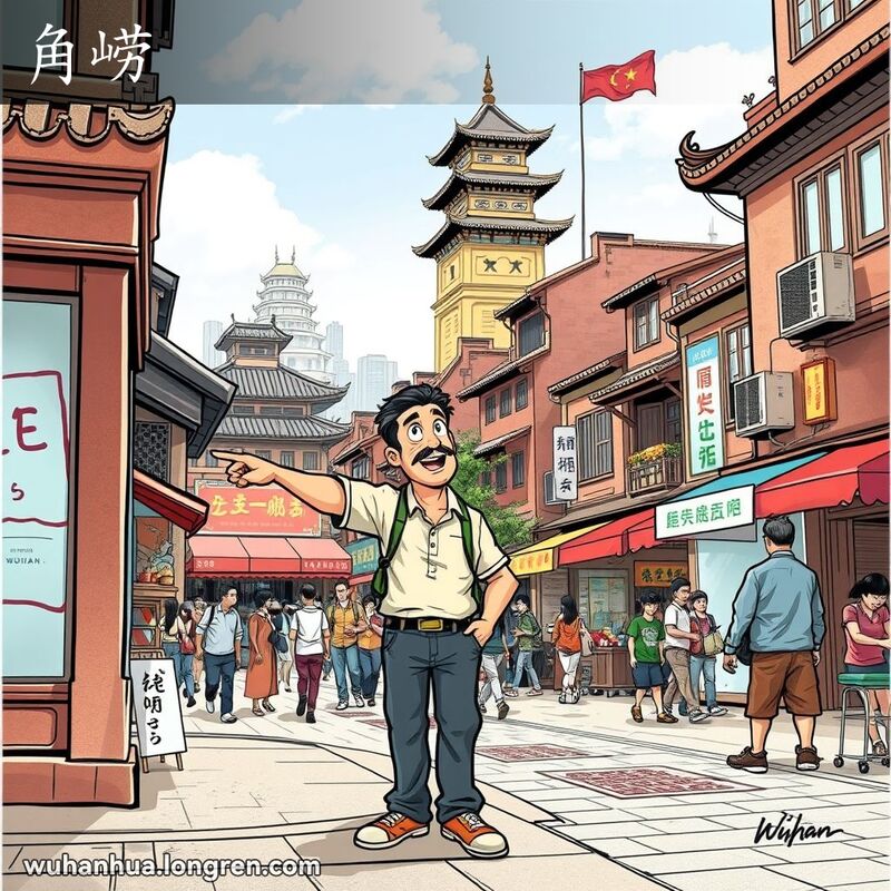 一位武汉男子站在街角，指向远处的黄鹤楼，背景是繁忙的武汉街景