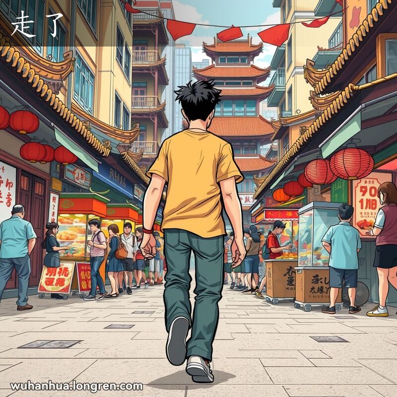 一位男子在武汉街头背对观众迈步离开，背景是热闹的市场和忙碌的行人