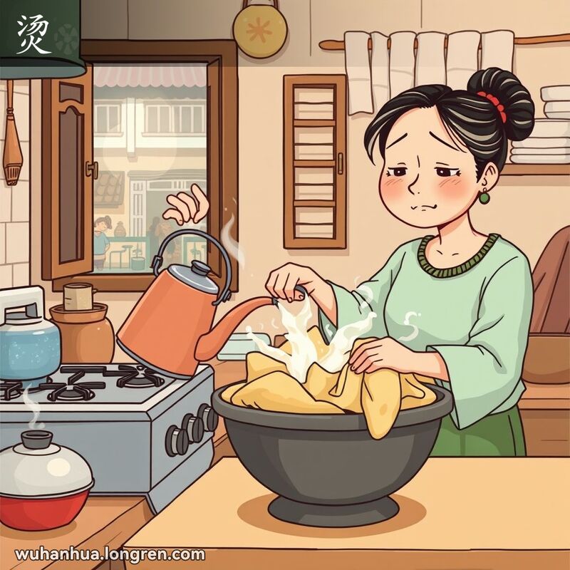 一位武汉妇女在厨房里用开水烫衣服，蒸汽冒出，表情略显痛苦，背景是武汉老厨房。