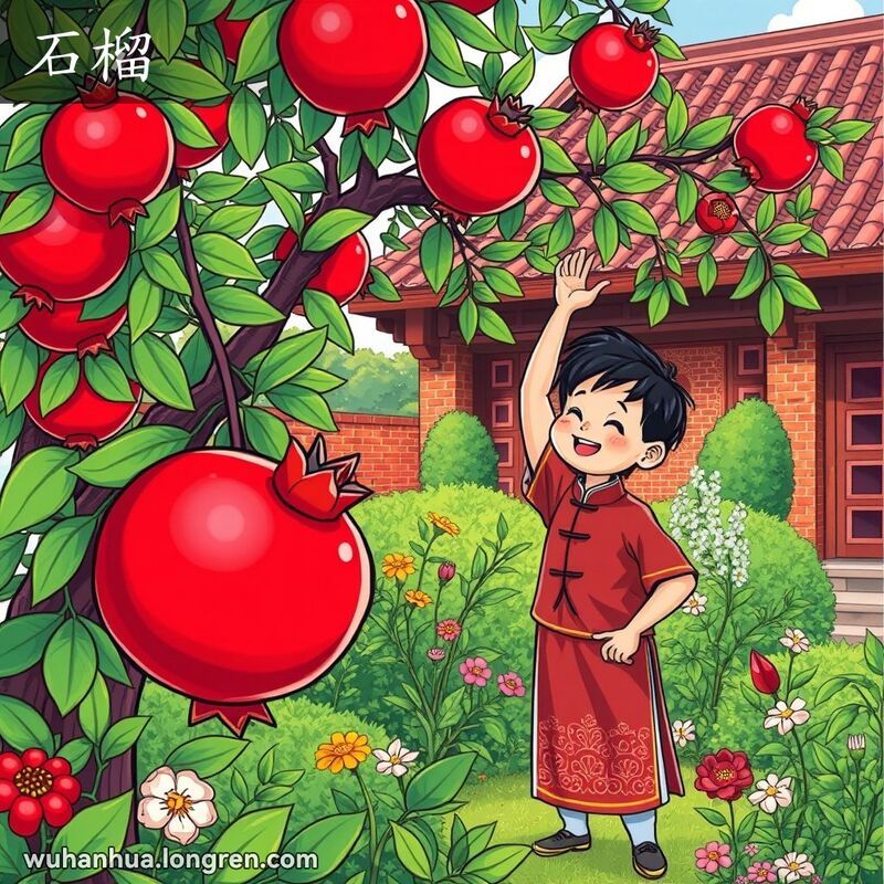 武汉花园中，一位居民正摘取成熟的石榴，背景是传统红砖墙瓦房