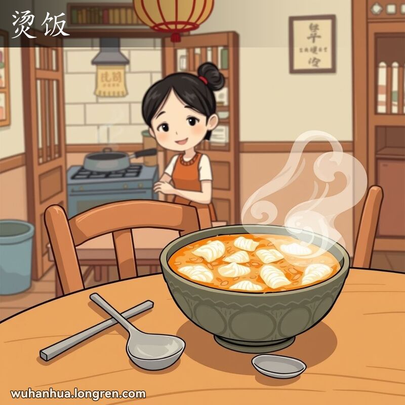 一个温馨的厨房场景，桌上摆放着一碗热气腾腾的粥，背景中一位妇女正在炉灶前微笑着烹饪。