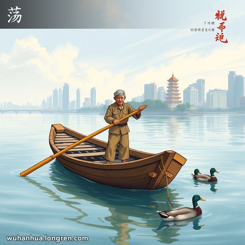 武汉渔民在长江上用竹篙划船，背景是黄鹤楼和现代建筑，画面宁静怀旧。