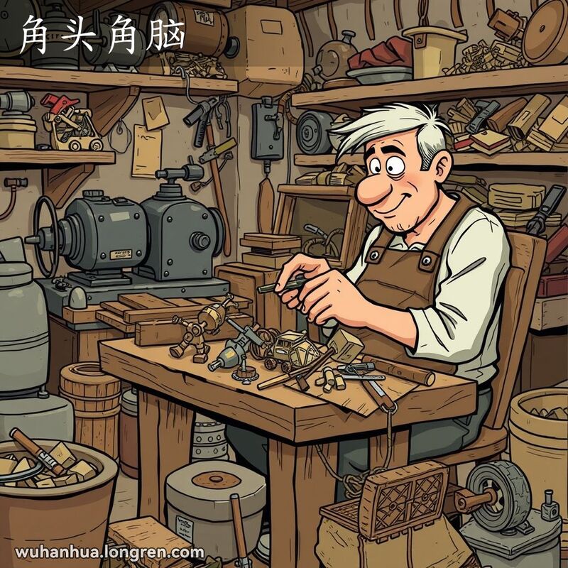 一位工匠在工作间里用边角余料拼凑小物件，背景是杂乱的工作间。