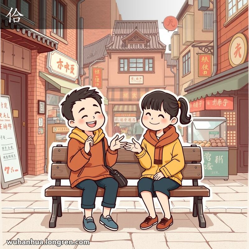 两位朋友在武汉老街区的长椅上友好互动，背景有红砖墙和小摊贩