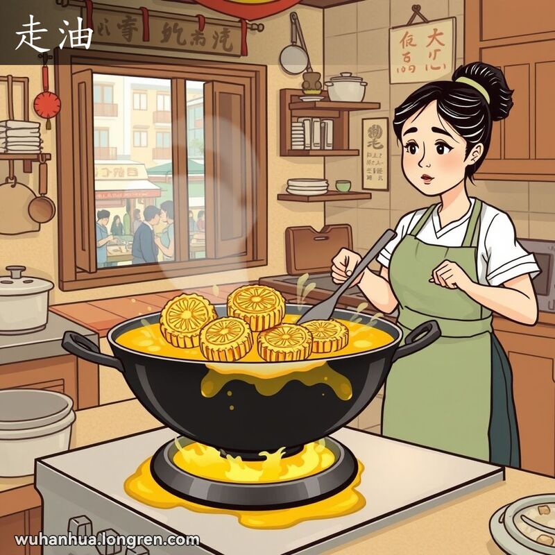 一位武汉妇女在厨房中炸月饼，油花四溅，展示“走油”的场景，背景是武汉家庭厨房