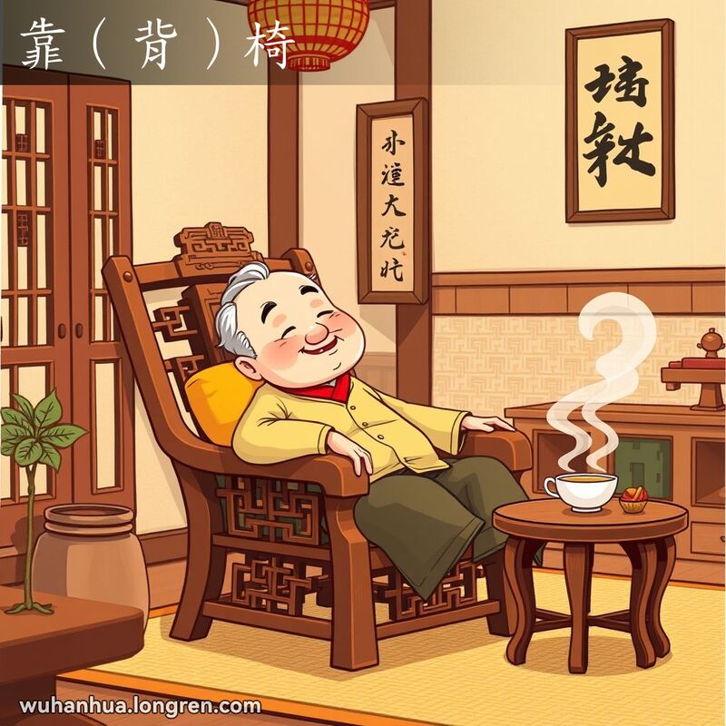 一位老人坐在精致的高背椅上，背景是温馨的中式客厅，椅子上有传统花纹和舒适的垫子。