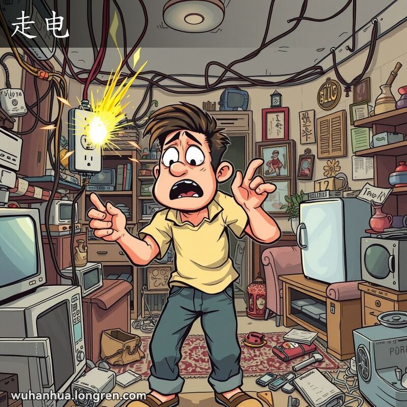 一个混乱的家庭场景，电线裸露，家庭主人修理电源插座时冒出火花，显得震惊和担忧。