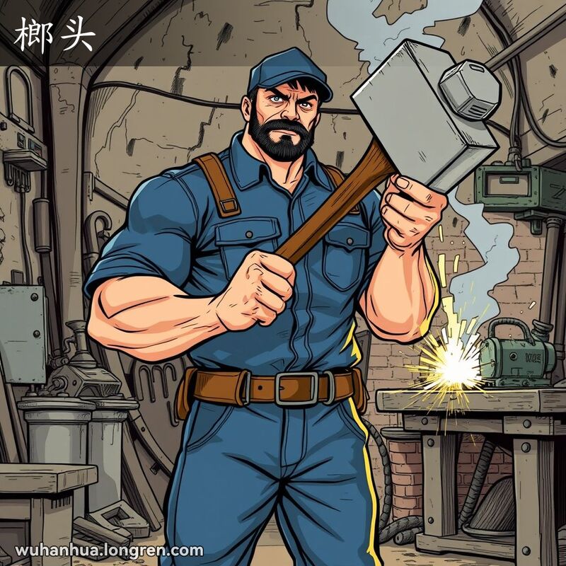 一位武汉工人双手握着大锤子，背景是忙碌的工作坊