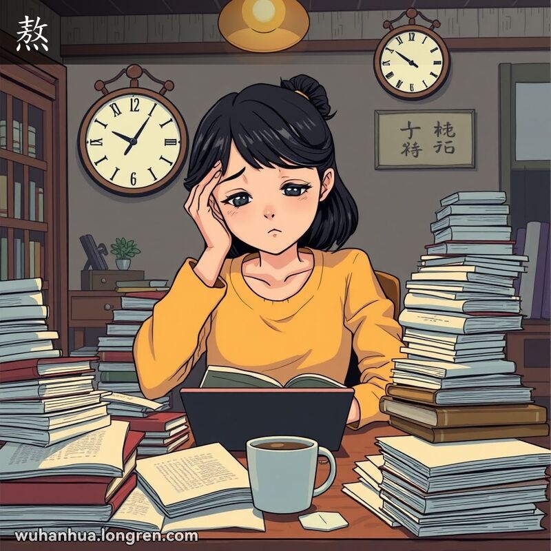 一位年轻女性在深夜的书桌前，被书籍和文件包围，看起来疲惫但坚定，表达了“熬”的含义。