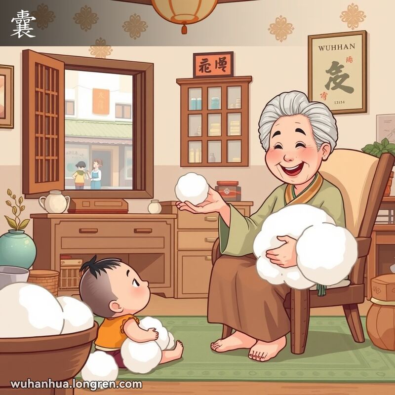 一位武汉奶奶在客厅里手捧柔软的棉花，展示给孙子看，背景是传统的武汉老房子