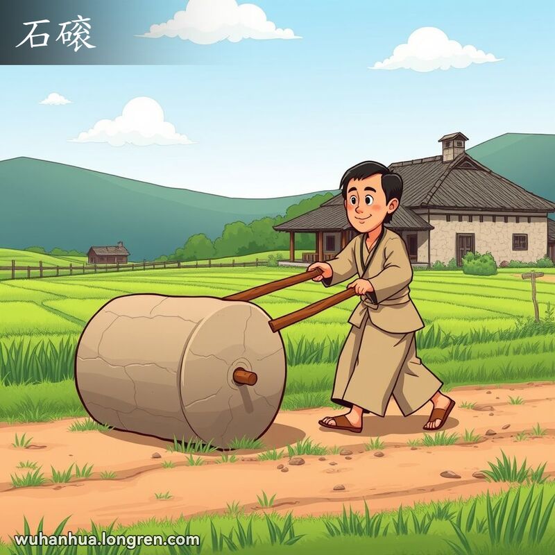 一位武汉农民在田间使用石磙平整土地，背景是绿意盎然的田野和晴朗的蓝天