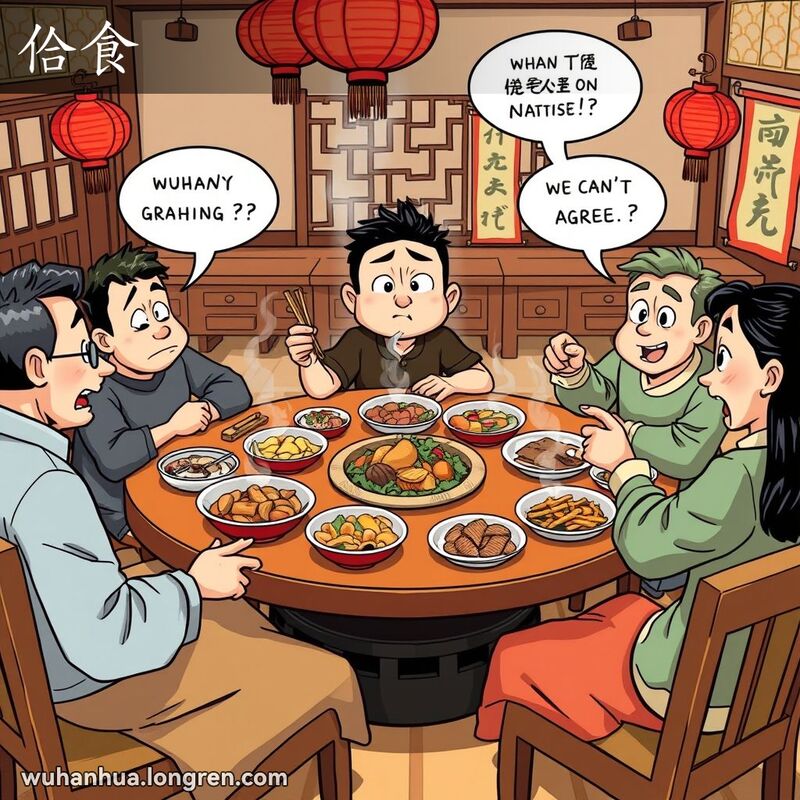 一群人在武汉餐馆争论菜肴，主角露出不满的表情，背景是传统餐馆装饰