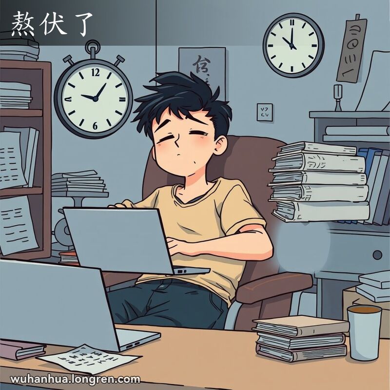 一位武汉年轻人在深夜坐在书桌前，面前摆放着电脑和一堆书籍，眼睛半睁半闭，努力抵抗睡意，背景是一个温馨而凌乱的书房