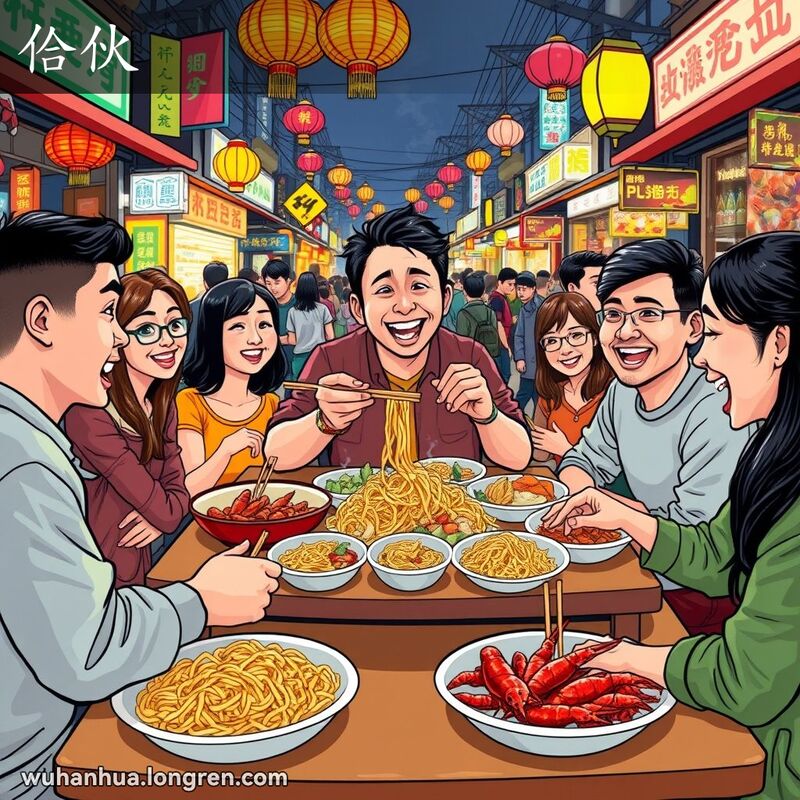 一群朋友在武汉夜市围坐分享小吃，背景是热闹的街边摊和人群
