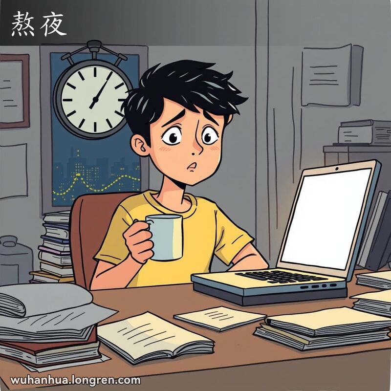 一位年轻人在昏暗的房间里，坐在书桌前，桌上有书籍、文件和笔记本电脑，手拿咖啡，眼睛下方有黑眼圈，背景有时钟和城市灯光。