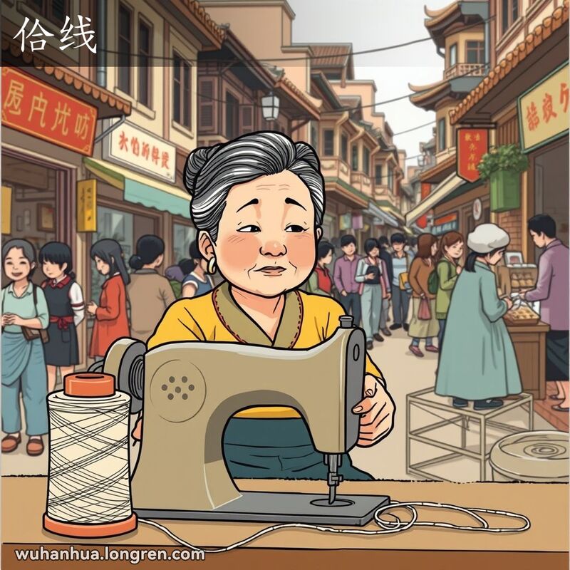 一位中年妇女在武汉街市上用缝纫机缝制衣物，旁边放着一卷双纱线，背景是热闹的街市和老式建筑。