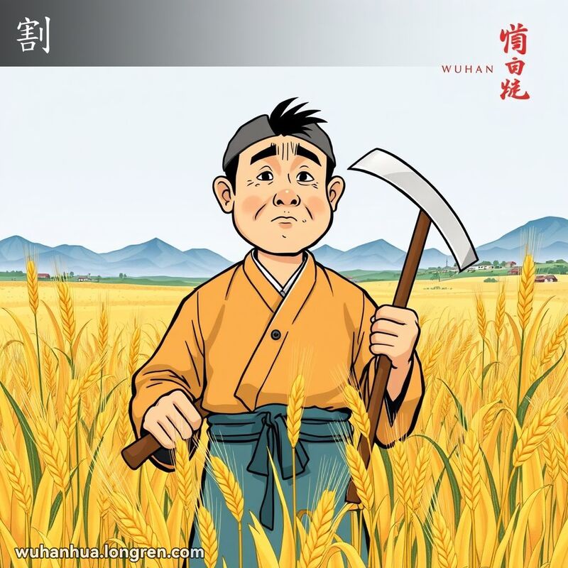 一位武汉农民手持镰刀站在金黄的麦田中，准备收割庄稼，背景是宁静的田园景象