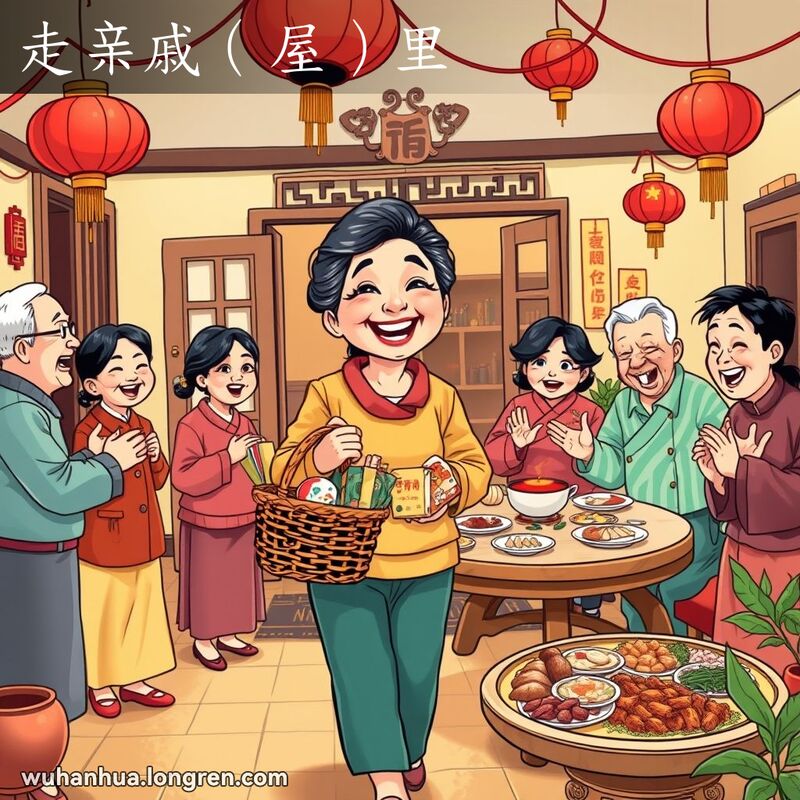 一位中年妇女拎着礼品篮，走向亲戚家的门口，亲戚们热情迎接，背景是传统的武汉家庭氛围