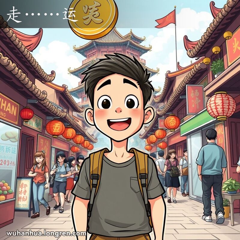 一位年轻的武汉市民走在街道上，头顶漂浮着金币，表情惊讶且欣喜，背景是武汉的地标建筑和忙碌的市民