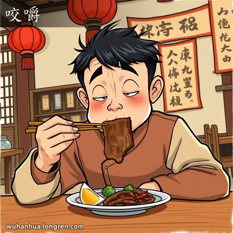 一位武汉市民在老式餐馆中咀嚼牛肉，表情专注且略显吃力，背景有红灯笼和书法挂轴