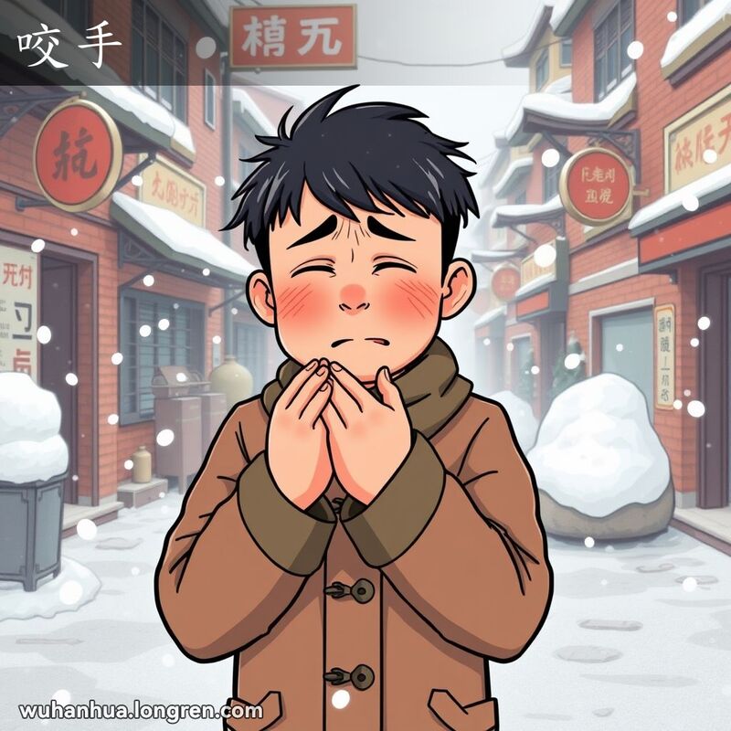 一位武汉市民在寒冷的冬季街道上，双手因寒冷而变得红肿，脸上露出痛苦的表情，背景是武汉老街景。