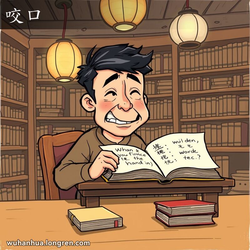 一位武汉市民在传统书房中努力发音难读词语，嘴巴扭曲成夸张表情，体现“咬口”的语义