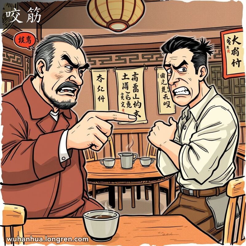两个人在武汉茶馆中激烈争论，年轻男子紧咬牙关，强词夺理。
