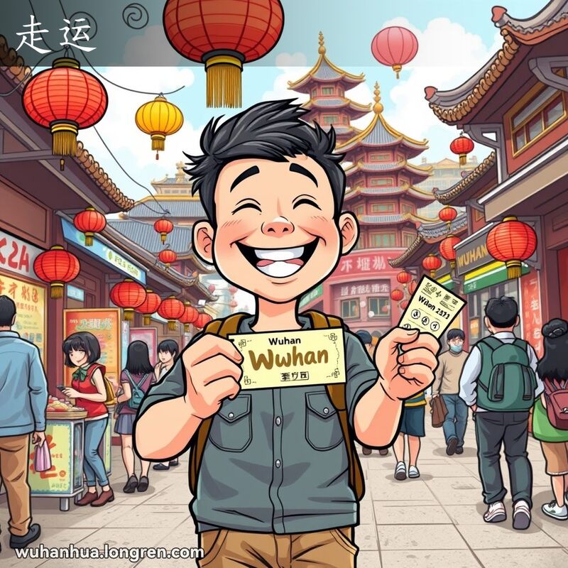 一位武汉男子手持中奖彩票，在繁忙的街道上愉快地行走，背景是武汉的标志性景点