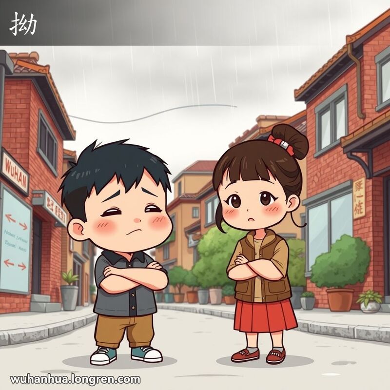 一位武汉小男孩在街头闹别扭，小女孩试图劝说，背景是武汉老街景和阴沉的天空