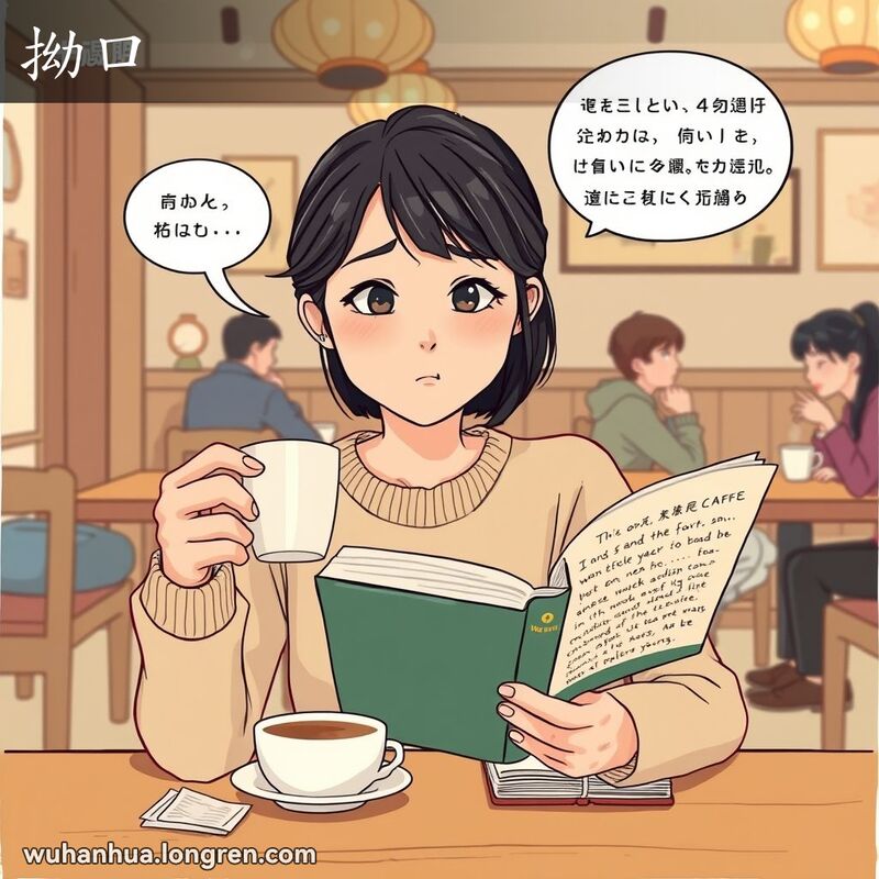 一位武汉女子在咖啡馆里捧着书，试图朗读复杂句子，表情困惑和挫败，体现“拗口”的意思。
