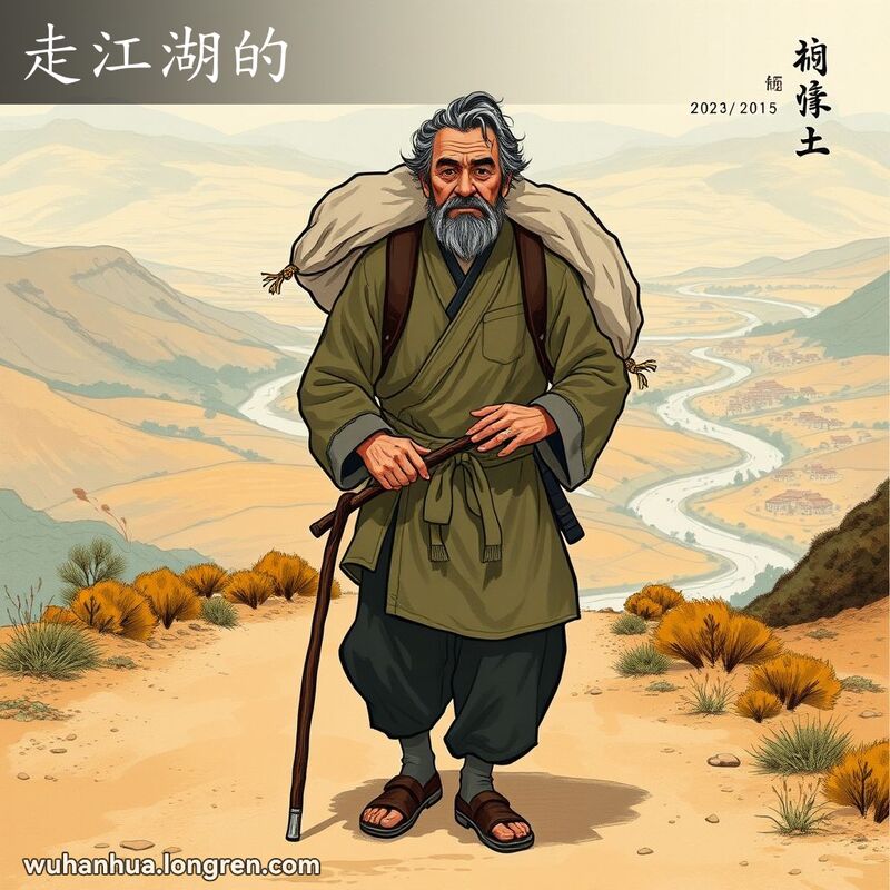 一位中年男子背着包袱，手持拐杖，站在乡间小路上，背景是广阔的乡村景象，表现出“走江湖的”意境。