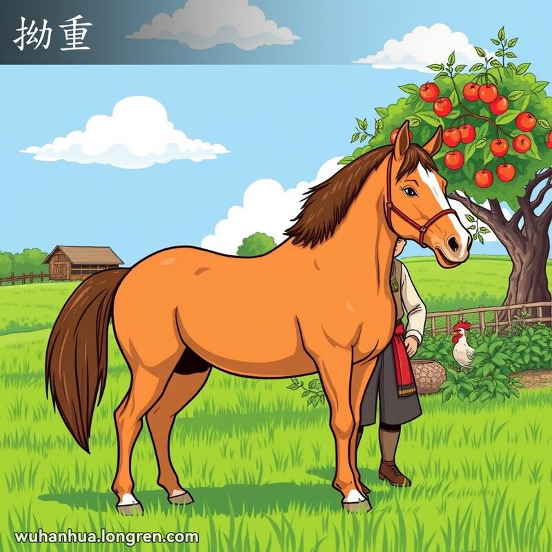 一匹健壮的混种马站在田野前，农民在照料杂交鸡和杂交苹果树，背景是绿色田野和蓝天