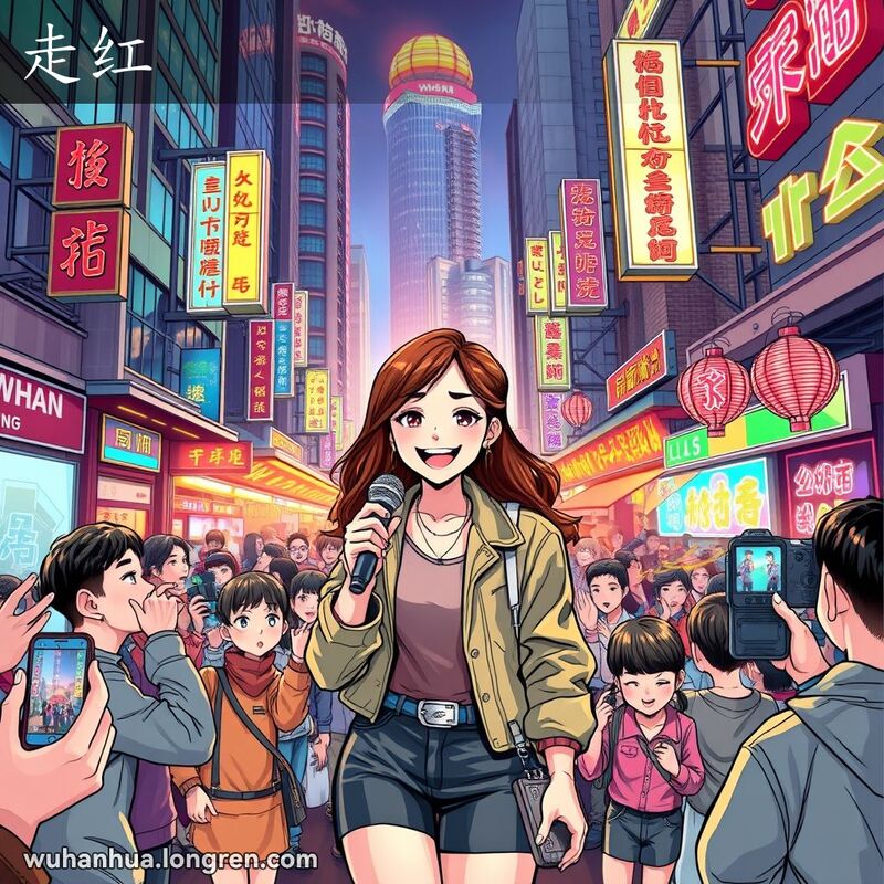 一位年轻女子在武汉繁华街道上被粉丝和摄影师包围，手持麦克风，自信而兴奋地微笑，背景有现代高楼和传统老店，街头小贩售卖本地小吃。