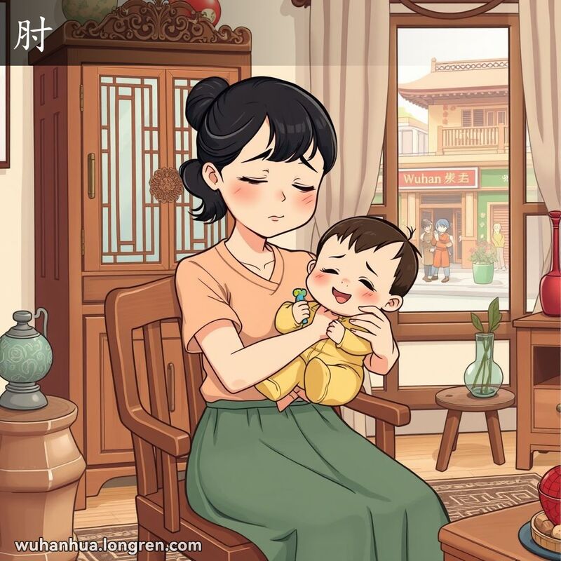 一位年轻的母亲在客厅里抱着小孩，手臂显得疲惫，背景是武汉街景