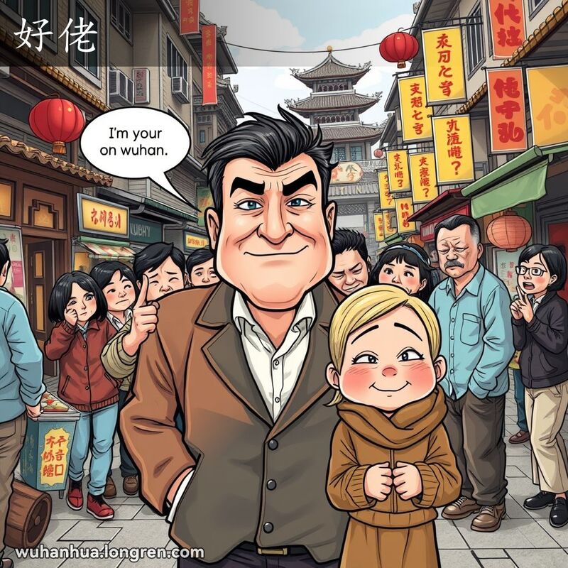 武汉街头，一个傲慢的男子欺负老实人，旁观者不满，背景有老建筑和小吃摊。