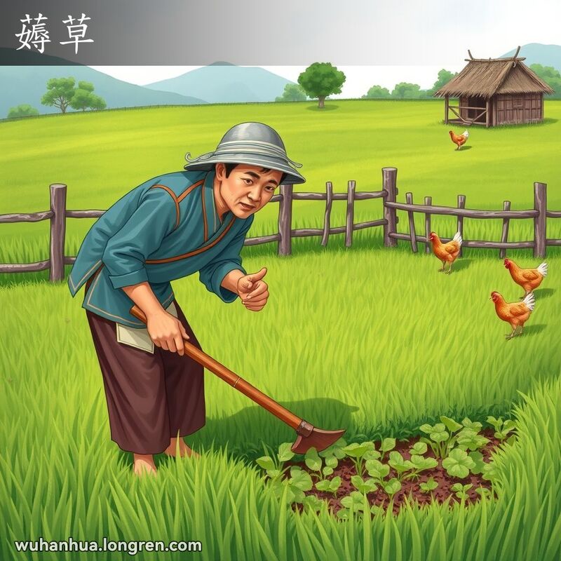 一位武汉农民在田间用锄头清除杂草，背景是绿油油的田野和一个小菜园