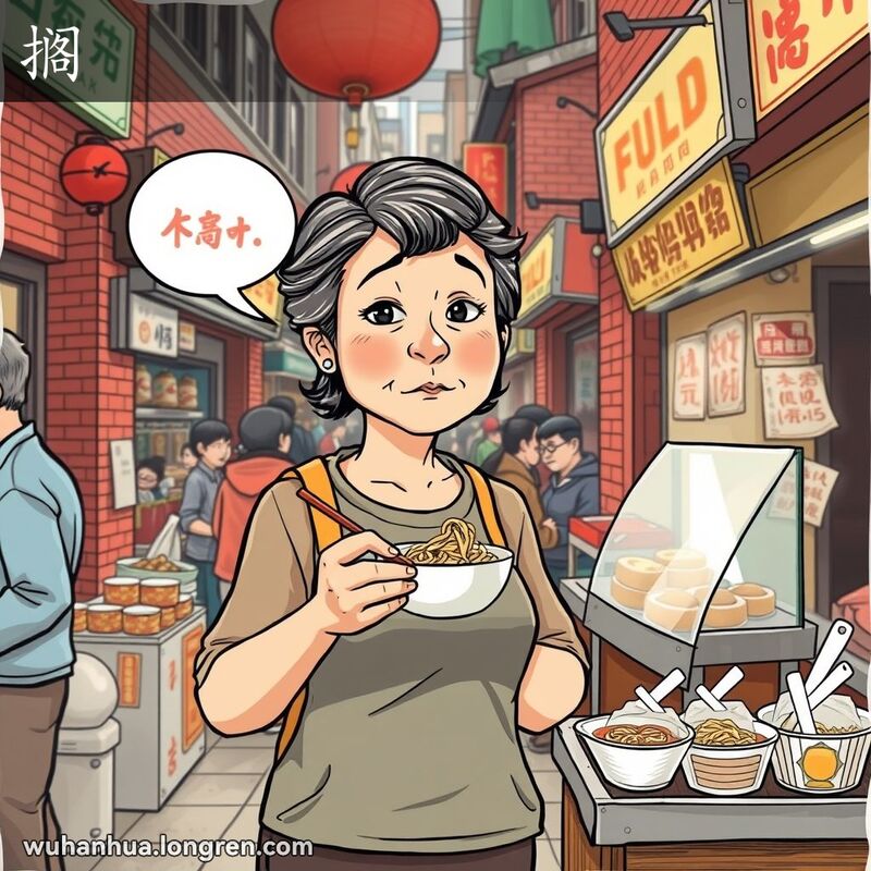 一位中年妇女在武汉街头小吃摊前，手持热干面和筷子，露出若有所思的表情，背景是热闹的武汉老街景