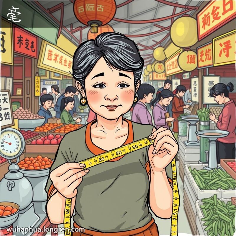 中年妇女在市场用尺子量布料，背景有标有“毫”字的秤和摊位