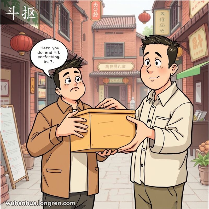 两位武汉男子在老街上，一位手持木盒，盒盖不完全吻合，另一位比划解释如何对齐，背景是武汉老街景