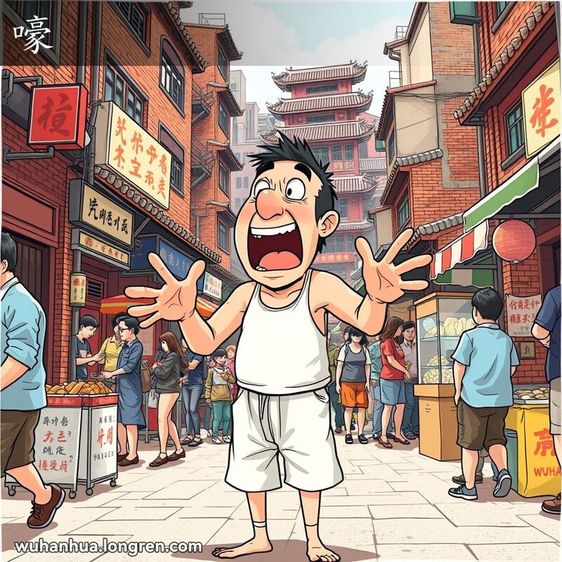 一位中年男子在武汉街头大声喊叫，背景是传统老建筑和小摊贩，画面充满生活气息。