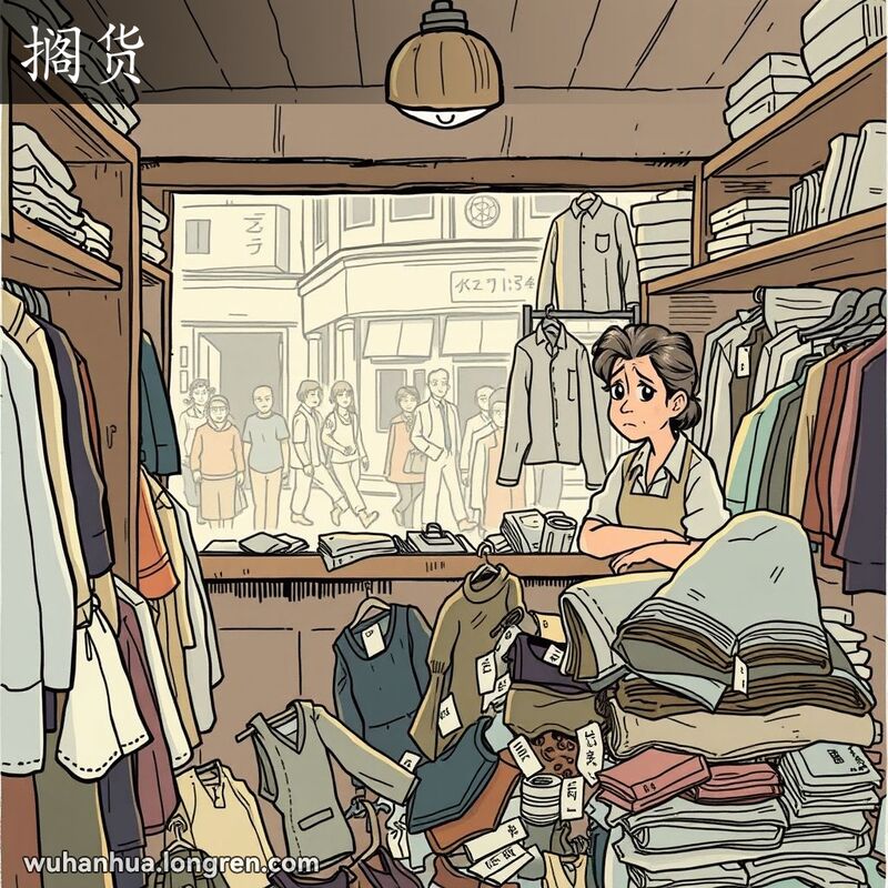 一家武汉服装店内，店主忧虑地看着未售出的衣服，背景是繁忙的街道。